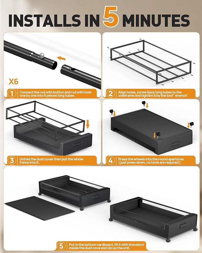 Under Bed Storage With Wheels, 2 Pack Square Containers, 60L Bins, Rolling Metal Drawer for Clothes, Blankets, Shoes