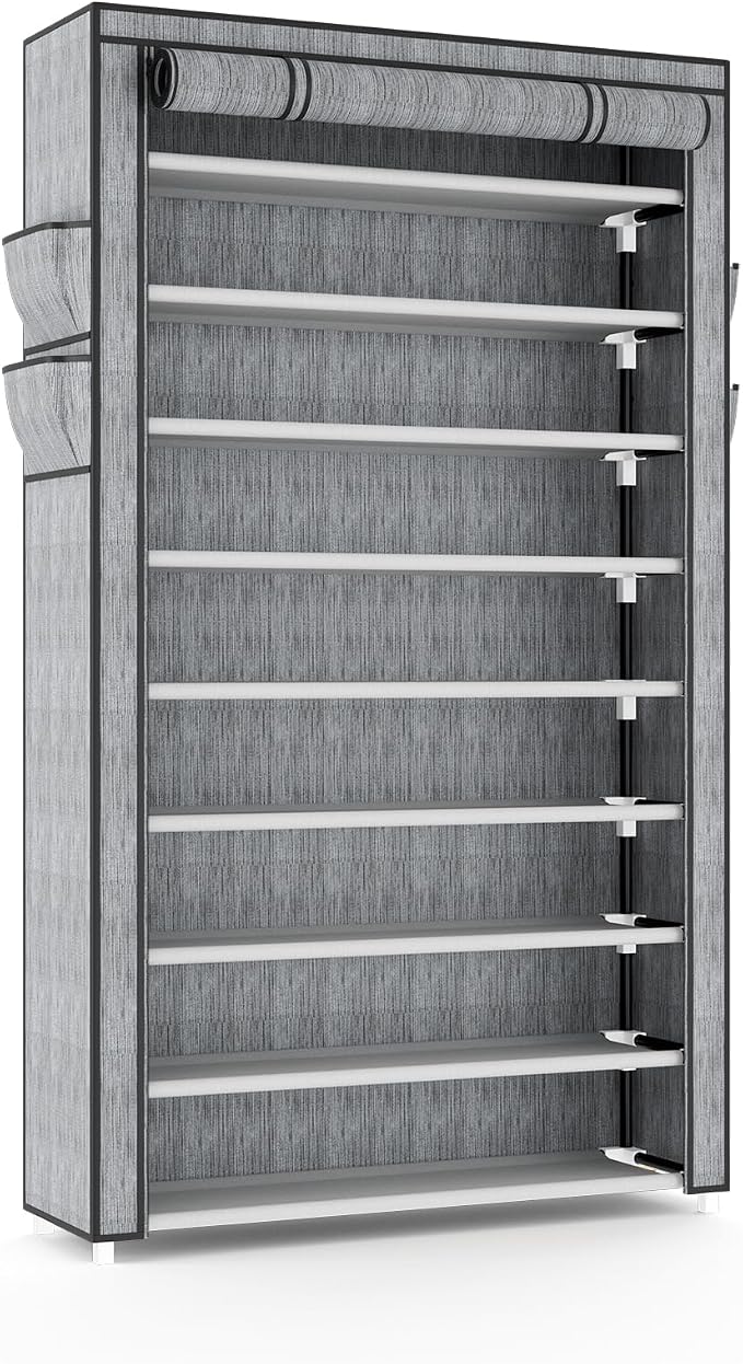 VILICK Shoe Rack with Cover Narrow Shoe Organizer with Pockets 10 Tier Tall Shoe Storage Holds 36-41 Pairs Shoes and Boots Shoe Rack for Closet Entryway Garage, Printing