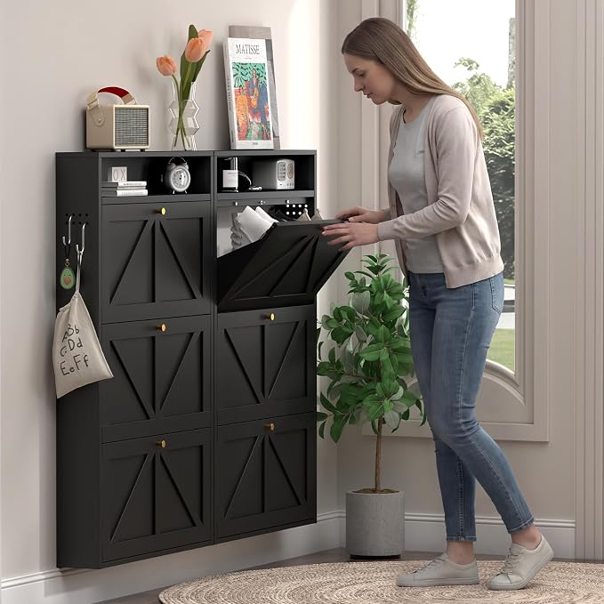 Modern Enclosed Shoe Rack, 3 Flip Drawer Shoe Storage with Open Top Shelf & Hooks, Slim Wall Mounted Shoe Cabinet for Small Space, Thin Storage for Shoes, Anti-Tip Design, Black