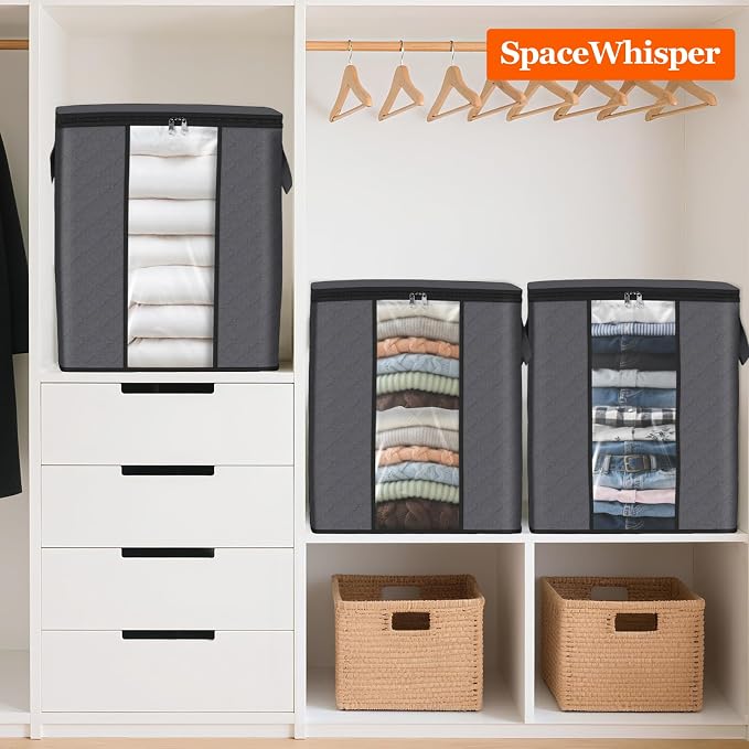 SpaceWhisper 4 Pack 100L Clothes Storage, Foldable Thick Fabric Blanket Storage Bags, Containers for Organizing Bedroom, Closet, Clothing, Comforter,Closet Organization with Handle,Grey
