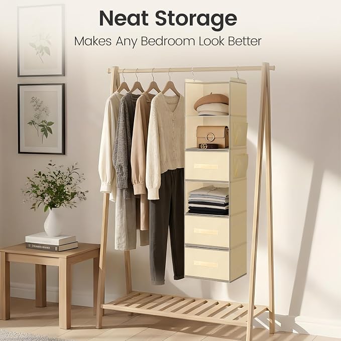 Hanging Closet Organizer 6-Shelf with 3 Drawers & Side Pockets, Closet Organizers and Storage for Dorm, Nursery & Wardrobe Organization, Hanging Shelf Clothes Organizer for Sweaters, Shoes, Beige