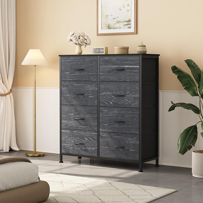 OLIXIS 8 Drawer Storage Dresser for Bedroom, Closet Organizers Units | Fabric Dresser with Wooden Top, Chest of Drawers Clothes Storage, Tower Cabinet, TV Stand Furniture, Black Wood Grain