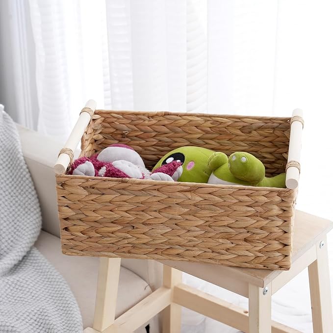 Wicker Storage Basket, Woven Shelf Organizer, 15.5x10.8x6.2 | 15.5x10.8x6.2" natural wicker basket with handles; rectangular shelf organizer for kitchen, bathroom and living spaces.