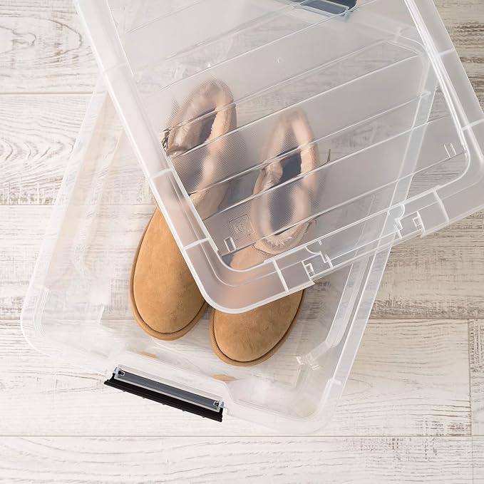 IRIS USA 4-Pack 32 Quart Storage Bins with Lids, Clear | Transparent design makes contents easy to find. Great for linens, décor, closet storage, and supplies. Nestable design saves