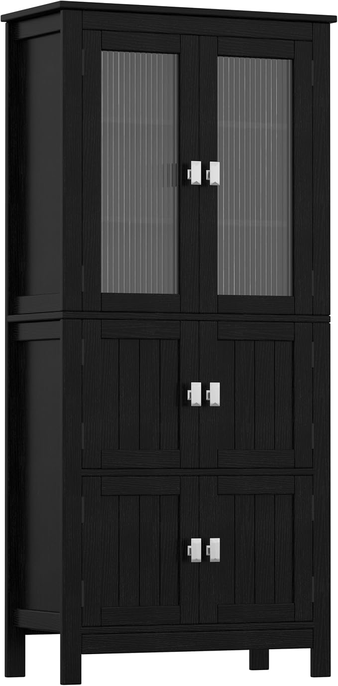 Akxomel 53.1" H Tall Bathroom Storage Cabinet, Bathroom Floor Cabinet with 6 Doors and Adjustable Shlef, Linen Cabinet, Pantry Cabinet for Living Room, Kitchen, Entryway, Black