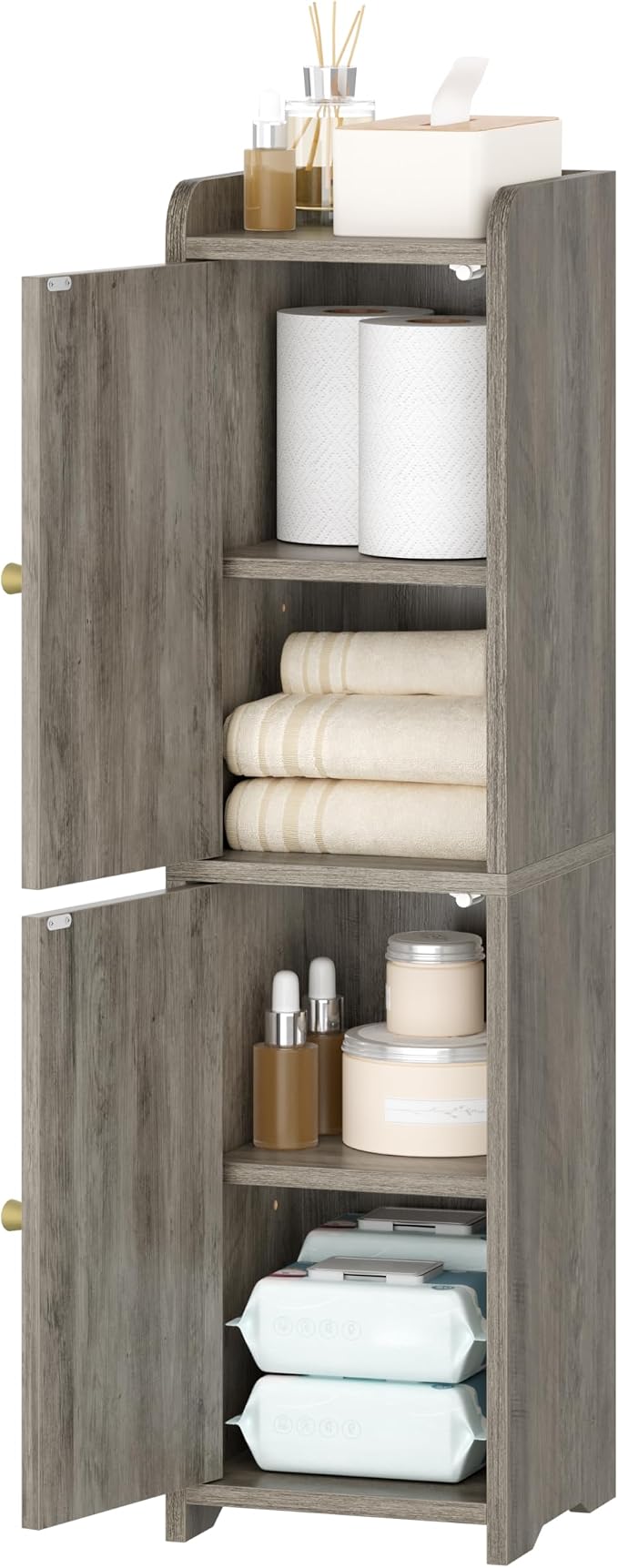 Hzuaneri Bathroom Storage Cabinet, Small Corner Floor Cabinet with 2 Doors | Narrow Toilet Paper Cabinets with Adjustable Shelf, Bathroom Organizer for Small Spaces, 7.9" D x 7.9" W x 29.5" H Greige