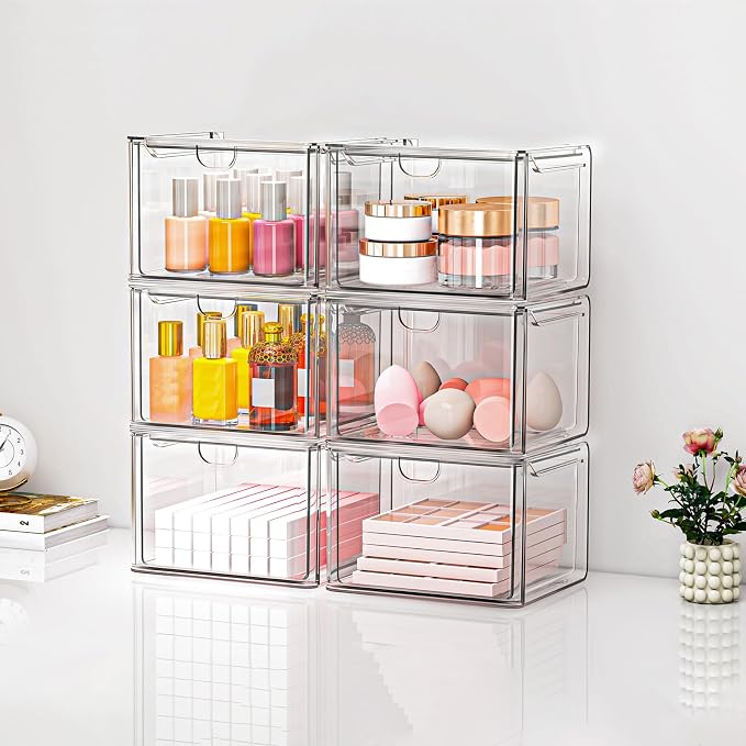 caktraie 6-Pack Stackable Acrylic Storage Drawers, Small | Smooth-glide drawers, stackable, clear body, dustproof, wipe clean, 6 small, for art tools, makeup, under sink, pantry