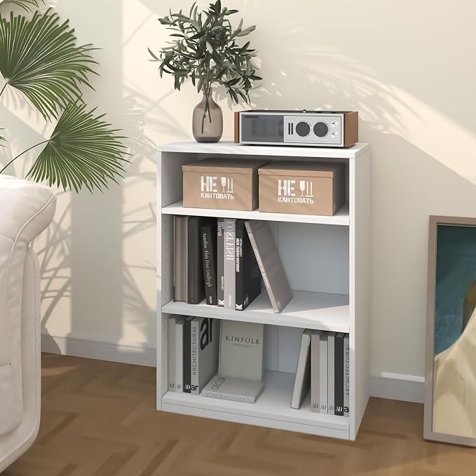 3-Tier Bookcase, 71 Inches, Wooden Open Display Floor Bookshelf with Adjustable Shelves (White)