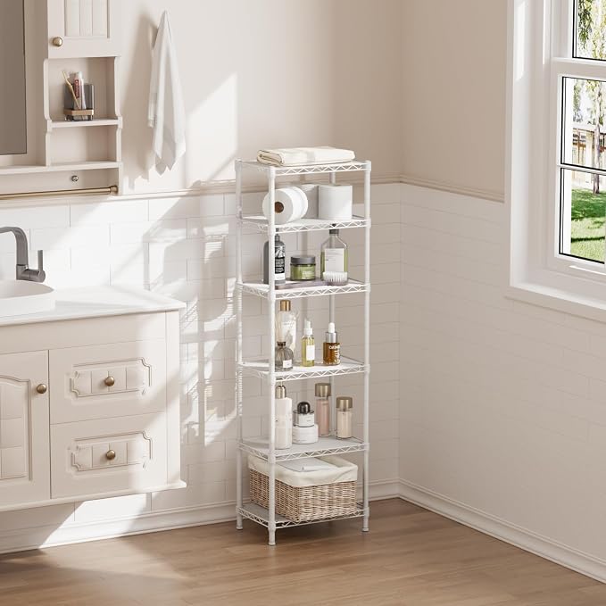 SINGAYE Metal Shelves Wire Shelving Storage Standing Adjustable Shelf Unit | 6 Tier Mesh Units Shelf for Kitchen Laundry Bathroom Closet Organizers Pantry Narrow Home Rack 10" D x 16" W x 63" H White