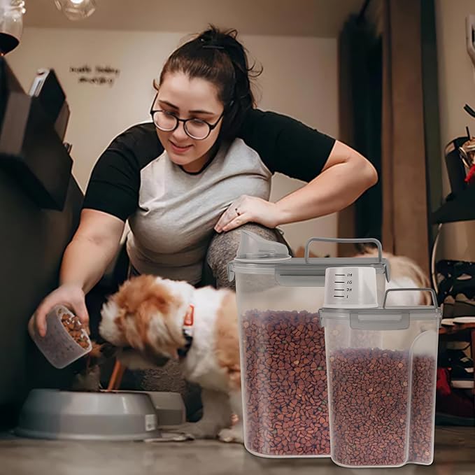 LEAWALK (3+5LBS 2Pack Cat Dog Food Storage Container Upgraded Large Nozzle BPA-free, Plastic Pet Food Containers, With 4 Sealed Clasps/1 Measuring Cup/Handle Easy Clean and Carry (Clear Grey)