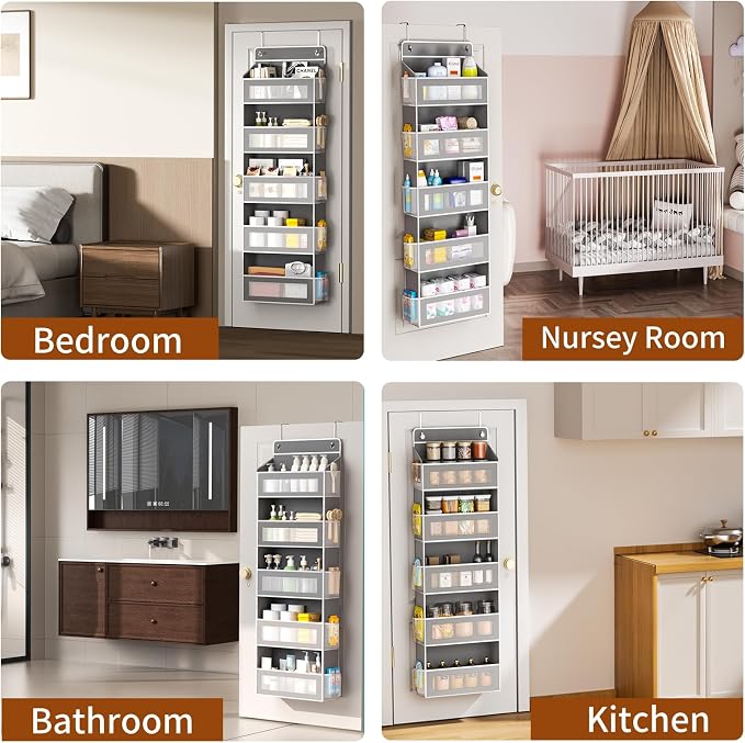 AQOOA 5-Tier Over The Door Organizer 44 lbs Capacity fit Standard Doors | Over the Door Storage 5 Large 10 Side Pockets, Closet Door Organizer Hanging Shelf for Closet Bathroom Bedroom Nursery, Grey