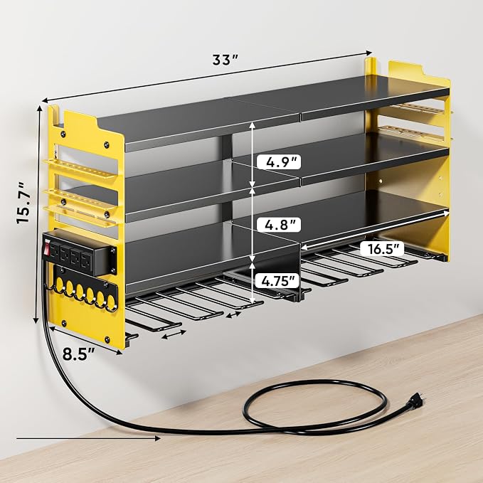 POKIPO Large Power Tool Organizer Wall Mount with Charging Station,4 Layer Heavy Duty Metal Storage Rack Loads 600lbs with 8 Cordless Drill Holder,Battery Utility Rack Gift for Garage workshops Room