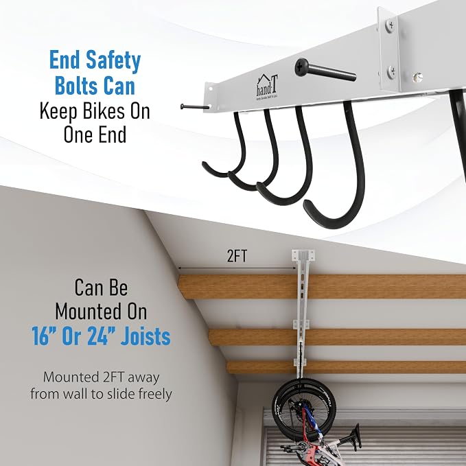 USA Based Ceiling Bike Rack Garage Storage Mount, Bicycle Hanger For Up To 6 Bikes, Sliding 51" Heavy Duty Hook Racks With Padded Hanging Mounts, Hooks Hangers (White, 3 Rails - 6 Hooks)