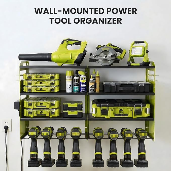 Power Tool Organizer Wall Mount, Includes Power Strip, GREEN | Heavy Duty 600 Lbs Metal Tool Storage Rack, 4-Tier Garage Drill Holder & Workshop Battery Management Station