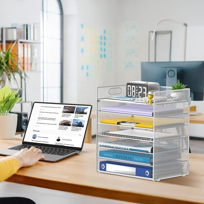 7 Tier Paper Organizer for Desk with Letter Trays & Handle White | Black Desk File Organizer with Handle for Sorting Papers, Files, Folders, Mail, Bills and Office Supplies