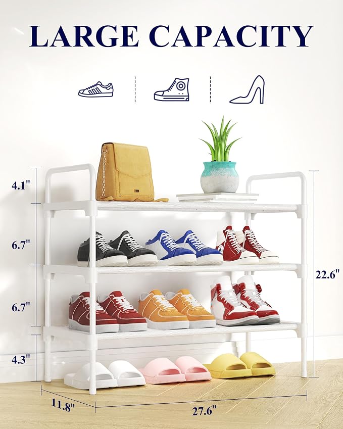Kitsure Shoe Rack for Closet, Shoe Storage, 27.6" Wide - 3 Tiers, White | Shoe Organizer for Closet, Entryway, Living Room, Space-Saving Shoe Shelf, Sturdy Zapateras Organizer