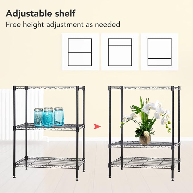 BestOffice | 3-Tier Wire Shelf | 23" x 13.2" x 30.2" | Black | Storage Shelves with Adjustable Racks, Holds upto 450 lbs | Rust-Resistant, No-Tool Assembly | For Home, Garage