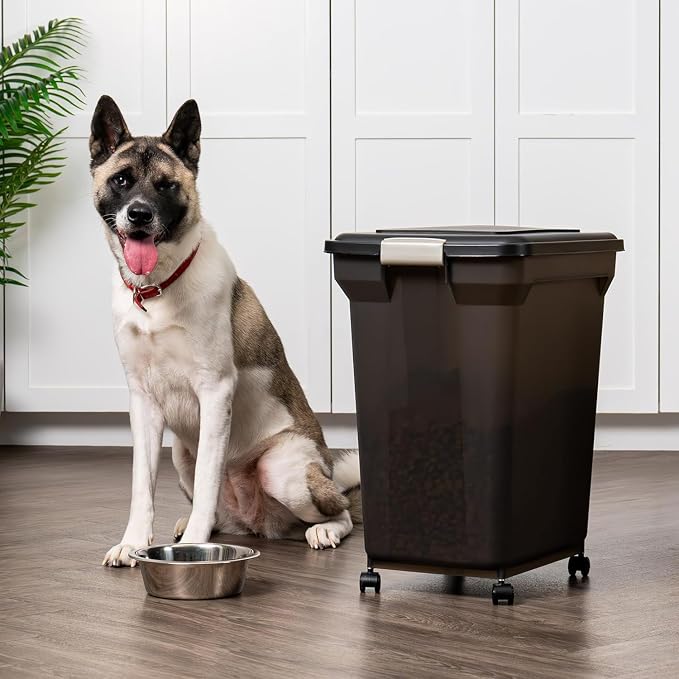 IRIS USA Dog Food Storage Container 58 Lb, Airtight Large Pet Food Storage Bin with Wheels, for Dog Cat Bird Chicken Food, Holds Up to 58 lbs, Keep Fresh, BPA Free, Made in USA, Black