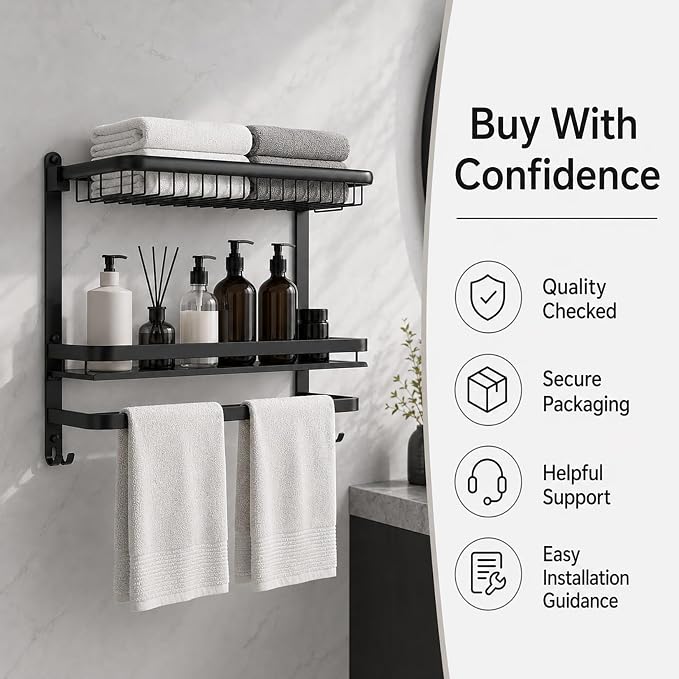 23 Inch Towel Rack for Bathroom with 3 Tier Shelf Double Bar Hook (Black) | 90 Degree Foldable Top Design, Wall Mounted Storage Shelf of 304 Stainless Steel, No Drill or Screw Installation