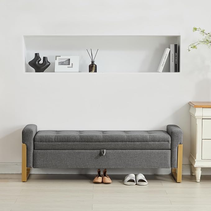 adochr 57" Storage Ottoman Bench, Upholstered End of Bed Bench, Dark Grey | Metal Legs & Button-Tufted, Linen Ottoman with Storage 500 lb Capacity for Living Room, Bedroom, Entryway