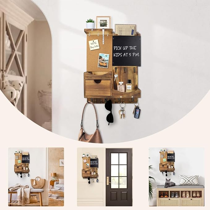 Key Holder Wall Mount, Mail Organizer Key Holder for Wall with Shelf, Drawer, Chalkboard, Corkboard, Home Decor Wall Mounted for Room Entryway(Natural Wood)