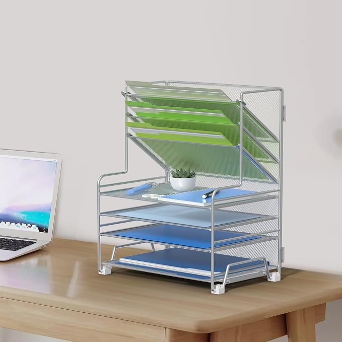 MINDEPOT 4-Tier Paper Organizer + 3-Pocket File Holder + Drawer + Pen Holders, Desktop File Organizers Paper Tray for Office Supplies School Classroom Organization (Silver, with Drawer & Pen Holder)