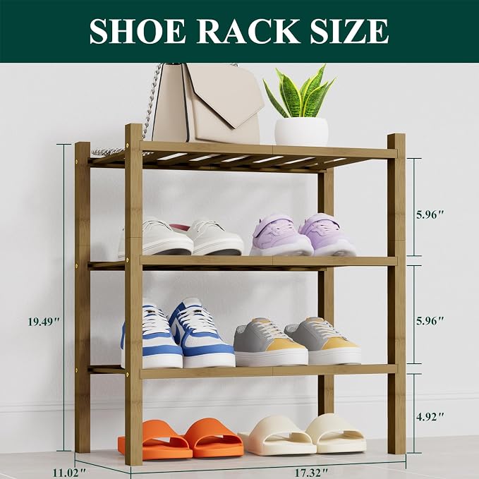 Smiry Bamboo Shoe Rack, 14 Vertical Slats, 3 Tier - 17.3" Wide, Walnut | Stackable Free Standing Wooden Shoe Organizer, Wood Shoe Storage Shelf for Closet, Entryway, Thicher Leg