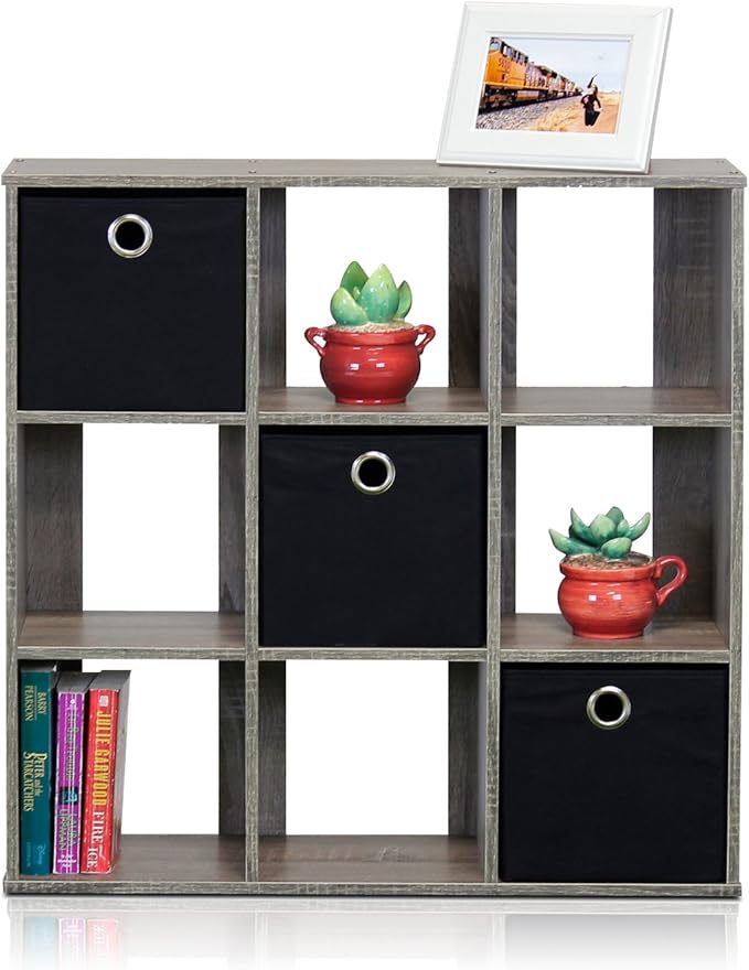 Furinno Simplistic 9-Cube Organizer with Bins, Small Size (Assembled unit dimensions : 7.9"D x 26.5"W x 26.7"H inches), French Oak/Black