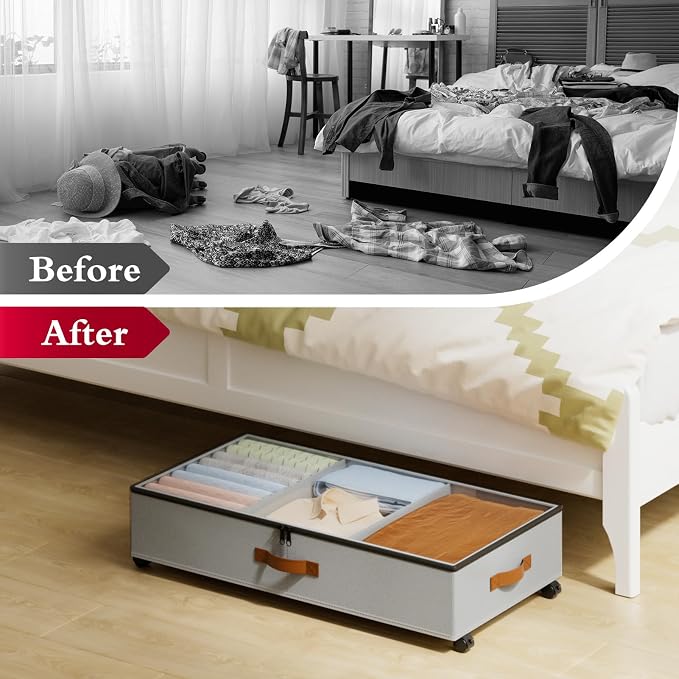 Yecaye Under Bed Storage with Wheels, 2 Pack Under Bed Storage Containers with Adjustable Dividers & Clear Window, Rolling Underbed Organizer Bins Drawers for Clothes, Shoes, Blankets, Grey