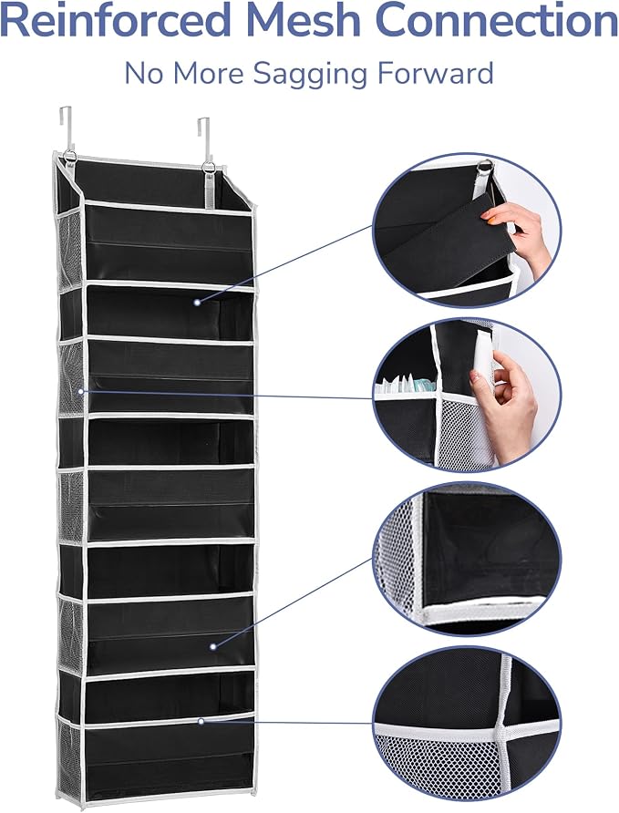 ULG 1 Pack Over The Door Organizer – 5 Shelf Door Organizer Hanging & 10 Side Pockets, Reinforced 44LB Capacity Hanging Organizer, Behind The Door Storage for Bedroom, Nursery, Pantry (Black)