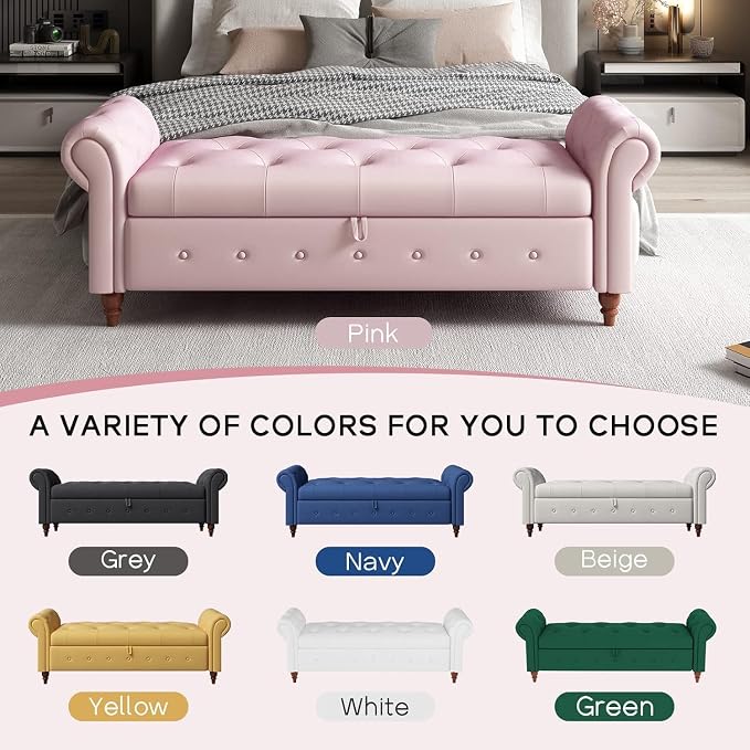 NIOIIKIT 63'' Storage Ottoman Bench, Tufted Entryway Bench Pink Velvet | Button Tufted End of Bed, Large Storage Space, Rolled Armed Ottoman Couch Long Bench for Bedroom, Living Room, Hallway