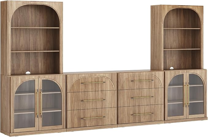 BELLEZE 6-Piece Modular TV Stand Set - 2 Arched Glass Door Sideboards, 2 Sideboards with Drawer, 2 Hutch Cabinets, Classic Modern Media Console Entertainment Center for Living Room (Camel)