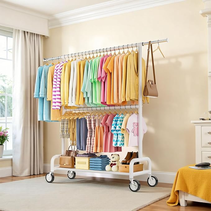 Heavy Duty Clothes Rack Load 860LBS, Double Rods Rolling Clothing Racks for Hanging Clothes, Rolling Garment Rack With Sturdy Wheels Shelves, Portable & Adjustable Commercial Garment Rack, White