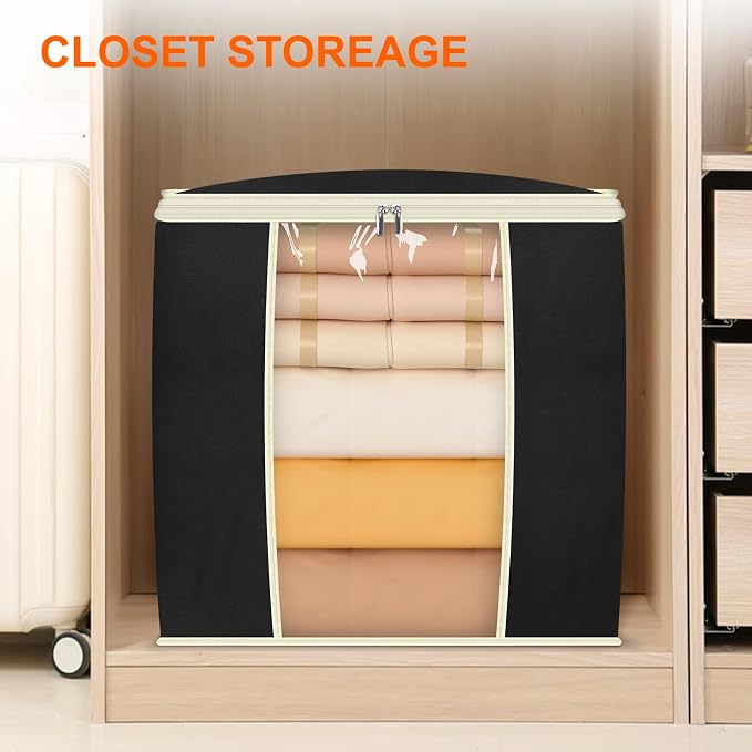 MISSLO King Comforters Storage Bag 120L for Blankets Clothes Sweaters Beddings Organizer with Reinfored Handles Non-Metal Fabric Storage Bin Organizer, Black