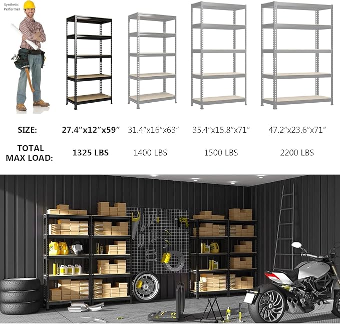 PrimeZone 5 Tier Garage Shelves for Storage, Adjustable Metal Shelf, Black | Heavy Duty Metal Connectors, FSC Wood Board, Easy Assembly, Standing Rack for Warehouse, Basement, 27.5"W X 12"D X 59 H