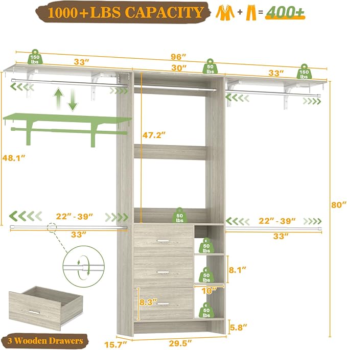 Aheaplus Closet System - 8FT Organizer with 3 Wooden Drawers, Fits 5.3-9 ft Walk-in Closet, White Oak