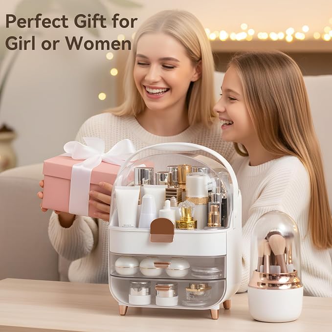 Makeup Organizer for Vanity with Brush Holder, Lid and 2 Drawers, Rose Gold | Large Capacity Bathroom Counter Organizer for Skincare, Cosmetic Storage, Dustproof, Waterproof, Teen Girl Gifts