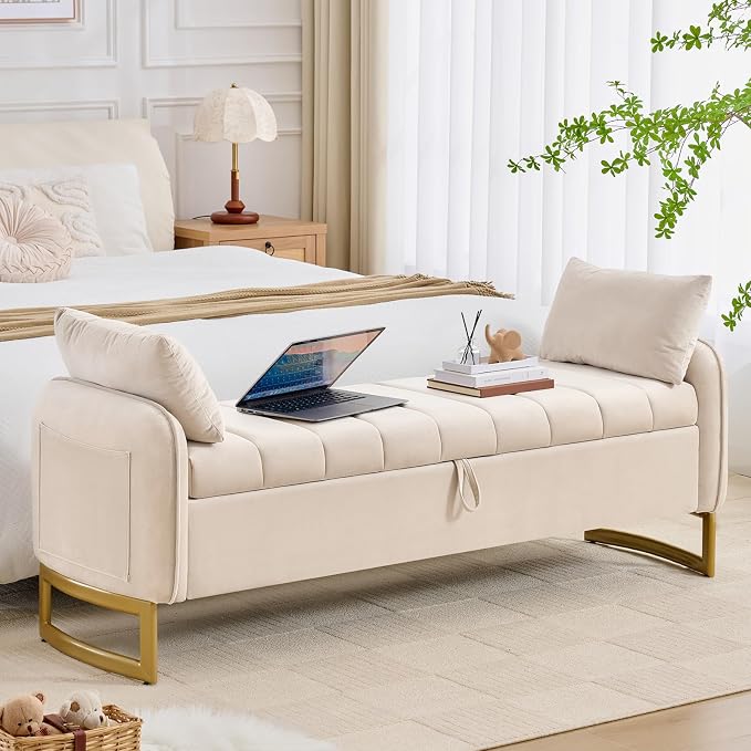 66" Storage Bench for Bedroom End of Bed, King Size Bed Bench with Golden Legs,Storage Ottoman Bench with Arms and 2 Pillows for Foot of Bed Living Room Window Entryway, Beige