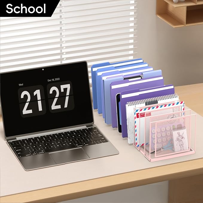 File Organizer for Desk, 11-Section Vertical File Sorter, Paper Holder Organizer Standing Metal File Folder for Office Home Classroom, Pink
