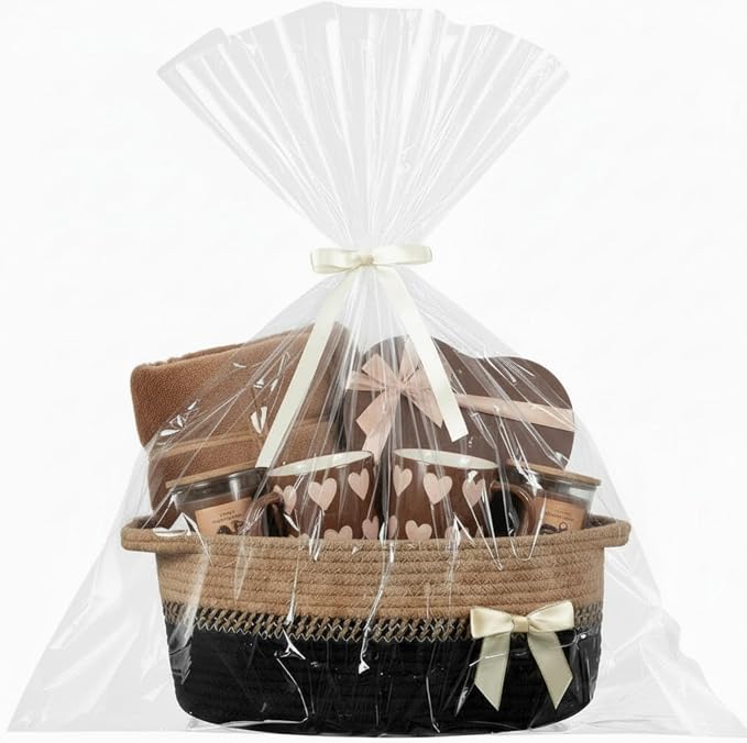Colingmill 1 Set Woven Empty Basket for Gift,Black Brown | with Cellophane Wrap Set, 14 x 10 x 5.5 Inch, Medium Decorative Gift Basket, Cotton Rope Storage Box, Home Decor