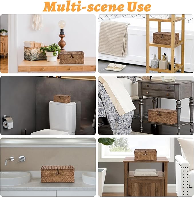 Sumnacon Small Wicker Basket with Lid Rectangle Woven Baskets for Toiletries Tampon Storage,Wicker Storage Basket with Lid,Decorative Seagrass Storage Baskets for Shelf Bathroom Toilet Table,Coffee