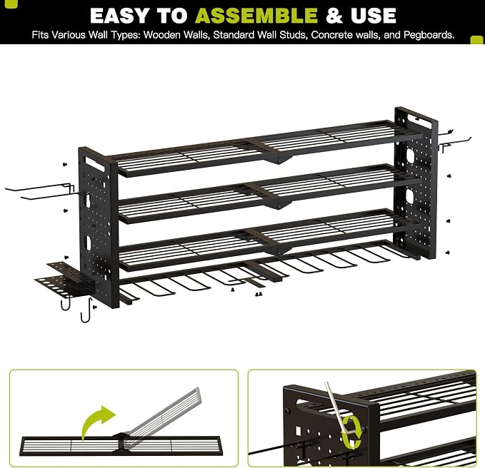 NattyDot Power Tool Drill Holder Wall Mount, 4Tier Garage Organizer, Black | 4-tier Utility Rack Stores 8 Cordless Drills, Batteries and Accessories while Freeing Extra Garage Wall Storage Space