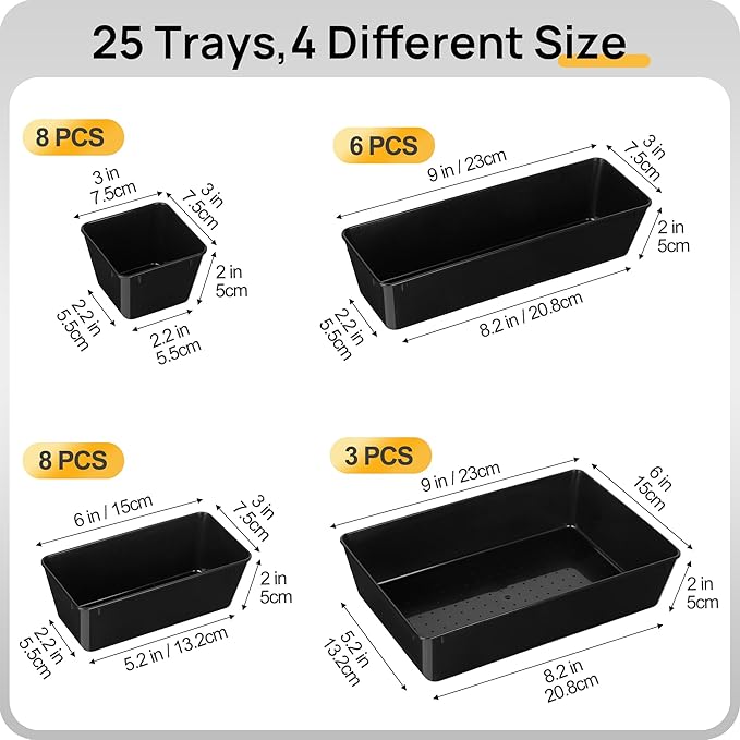 Vtopmart 25 Pack Plastic Drawer Organizers with Non-slip Rubber Pads | 4-Size Versatile Makeup Organizer, Storage Containers Small Bins for Makeup, Jewelries, Bedroom, Kitchen Utensils and Office