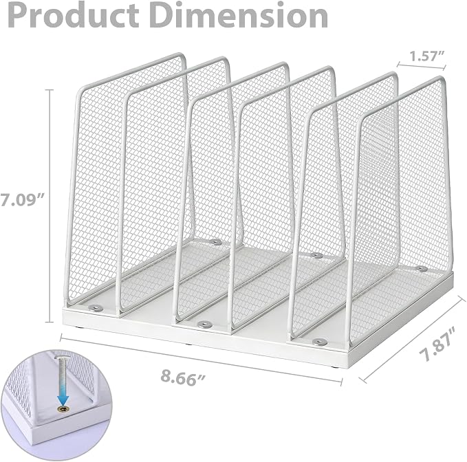 LEKETREE Small Desk File Organizer, 5-Section Upright File Sorter, Vertical File Folder Holder, Mesh Metal Wood Office Desktop Organization for Document, Magazine, Books and more (White)