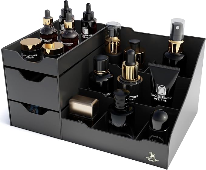 Uncluttered Designs Large Black Vanity Organizer - Countertop Mens Organizer With Drawers for Cologne, Deodorant, Beard, Shaving Lotion, Perfume & Skincare - Perfect for Bathroom & Bedroom Storage