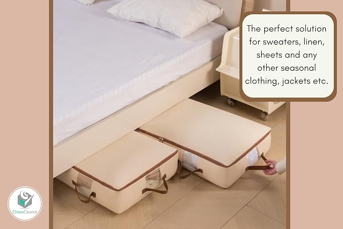 Chaos Cleared Canvas Storage Bags Designer Organizer for Underbed 2 Pack – Seasonal Storage for Sweaters, Blankets, Linens & Garments – Foldable Design with Zip & Window, Moth-Proof Space Saver