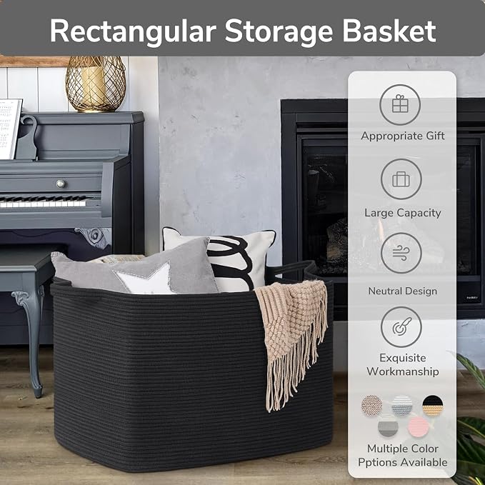 Goodpick 105L Extra Large Woven Blanket Basket, Cotton Rope, Black | 25 x 16 x 16 in, Rectangle, Living Room, Bedroom & Nursery Organization, Blankets, Pillows, Toys & Clothes Storage