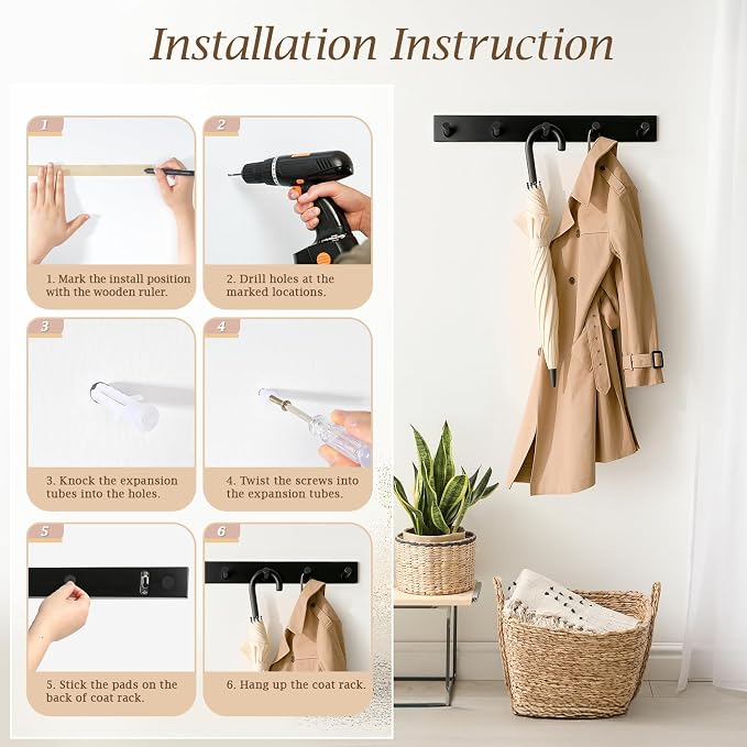 Coat Rack Wall Mount, Wooden Coat Hanger, Black, 1 Pcs | Heavy Duty, 5 Sturdy Rounded Hooks, Bamboo Wood Material, for Entryway, Doorway, Living Room, Kid's room, Living Room, Closet