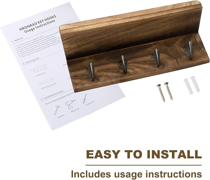 HRONRAD Rustic Key Holder for Wall, Farmhouse Wall Shelf with 4 Hooks, Wall Mounted Key Racks, Wooden Mail Organizer with Hooks for Entryway (Brown)