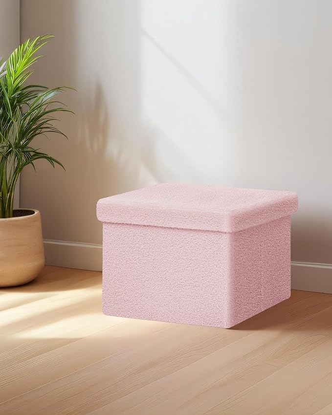 Small Ottoman with Storage, Sherpa Storage Ottoman Cube, Boucle Folding Foot Rest for Dorm, Living Room, Bedroom, Pink, 16.5"x12.6"x12.6"